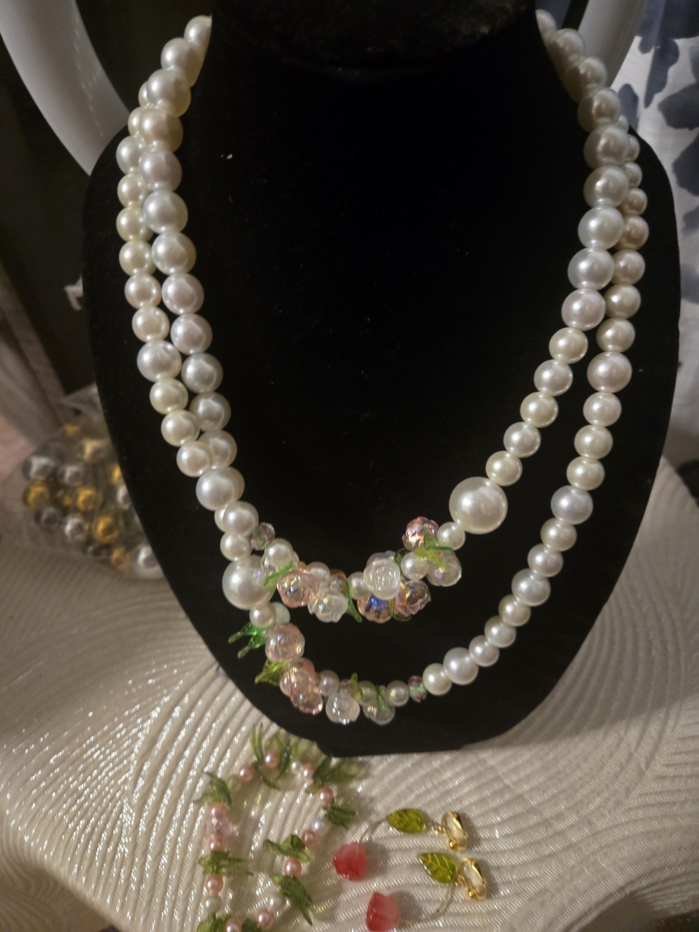 Designs By Ragene 54 Inch Pearl Strand Necklace with Pink Crystal Accents